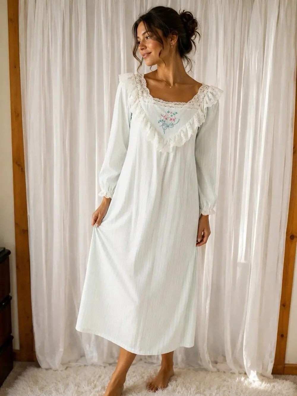 Vintage Cottagecore Mint Blue Stripe Lace Ruffle Nightgown Sweet Cozy Sears Sz S
